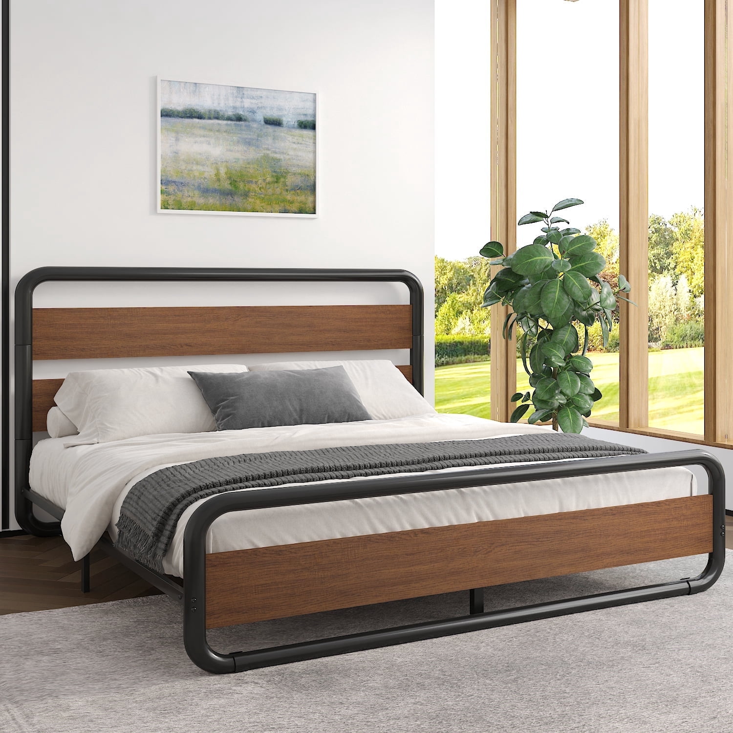 Sha Cerlin Sturdy Queen Size Metal Bed Frame with Wooden Footboard