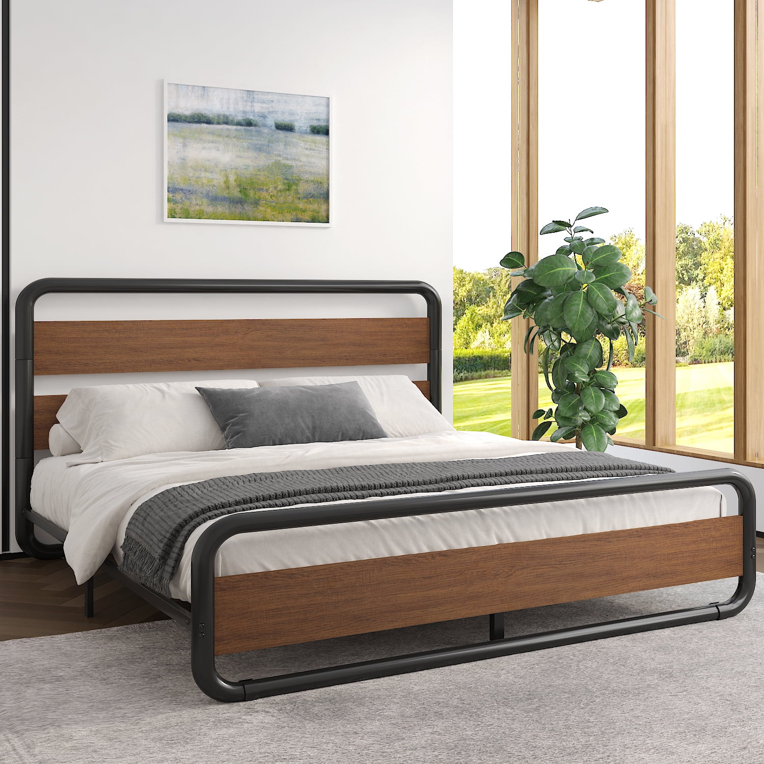 King Size Black Metal Bed Frame with Walnut Wood Headboard and Footboard