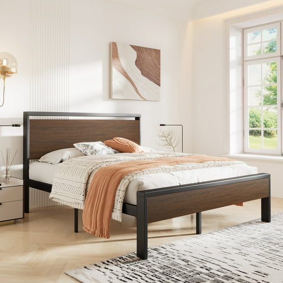 Sha Cerlin Walnut Queen Size Metal Platform Bed Frame with Wooden Headboard & Footboard, Adult