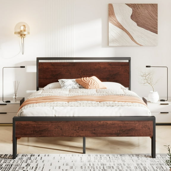 Sha Cerlin Walnut Queen Size Metal Platform Bed Frame with Wooden Headboard & Underbed Storage, Adult
