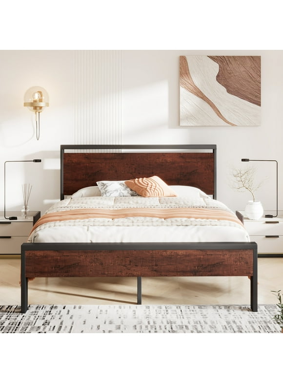 Sha Cerlin Walnut Queen Size Metal Platform Bed Frame with Wooden Headboard & Underbed Storage, Adult