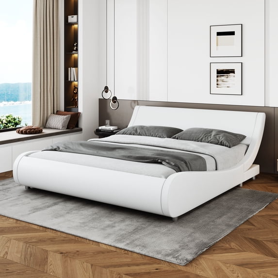 Sha Cerlin White Full Platform Bed, Leather Bed Frame with Adjustable Headboard, Adults