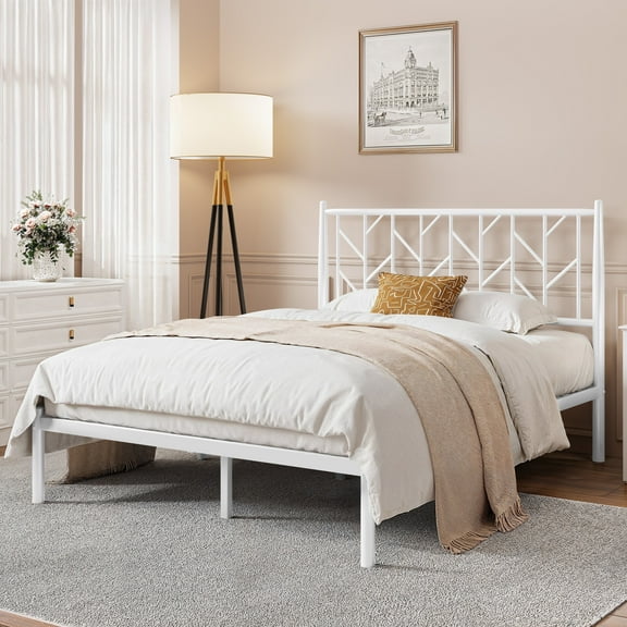 Sha Cerlin White Full Size Metal Platform Bed Frame with Victorian Vintage Headboard & Underbed Storage, Adult