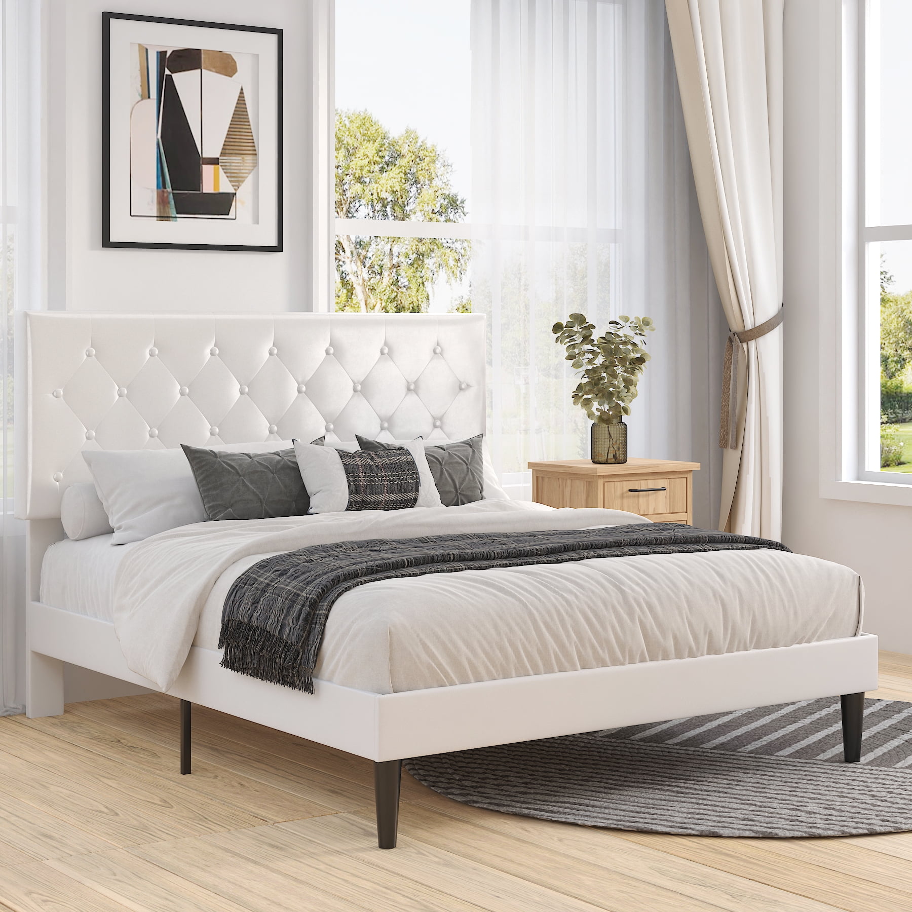 Sha Cerlin White Full Size Platform Bed Frame with Adjustable Leather Tufted Headboard, Mattress Foundation
