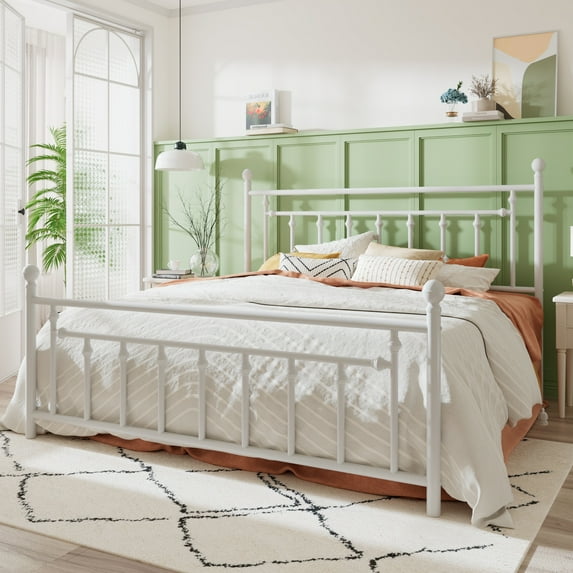 Sha Cerlin White King Size Metal Platform Bed Frame with Victorian Vintage Headboard & Footboard