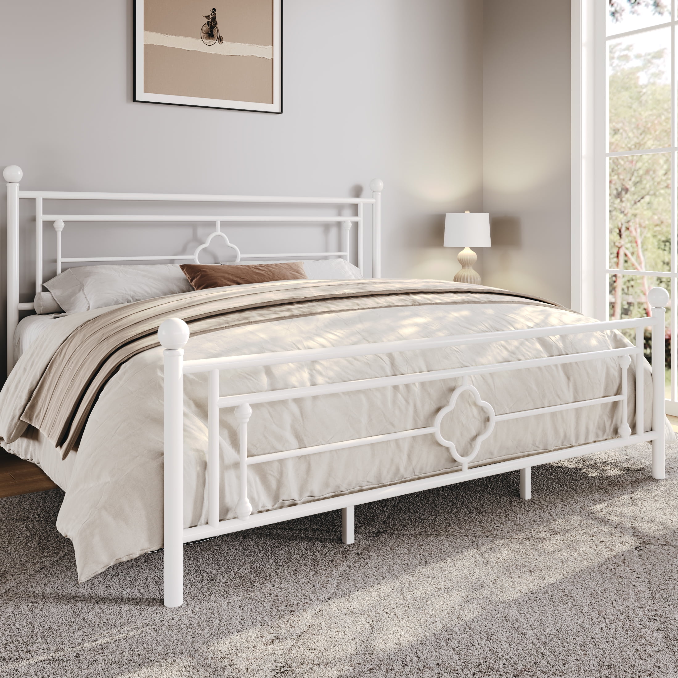 Sha Cerlin White King Size Metal Platform Bed Frame with Victorian Vintage Headboard & Underbed Storage, Adult