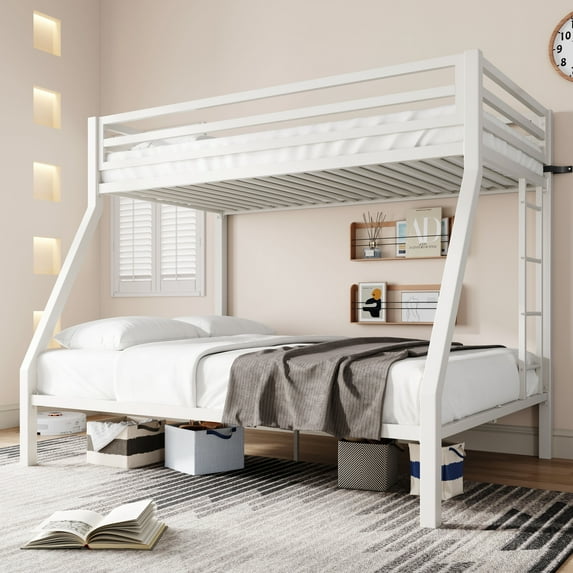 Sha Cerlin White Metal Bunk Bed Twin Over Full Size with Removable Durable Ladder