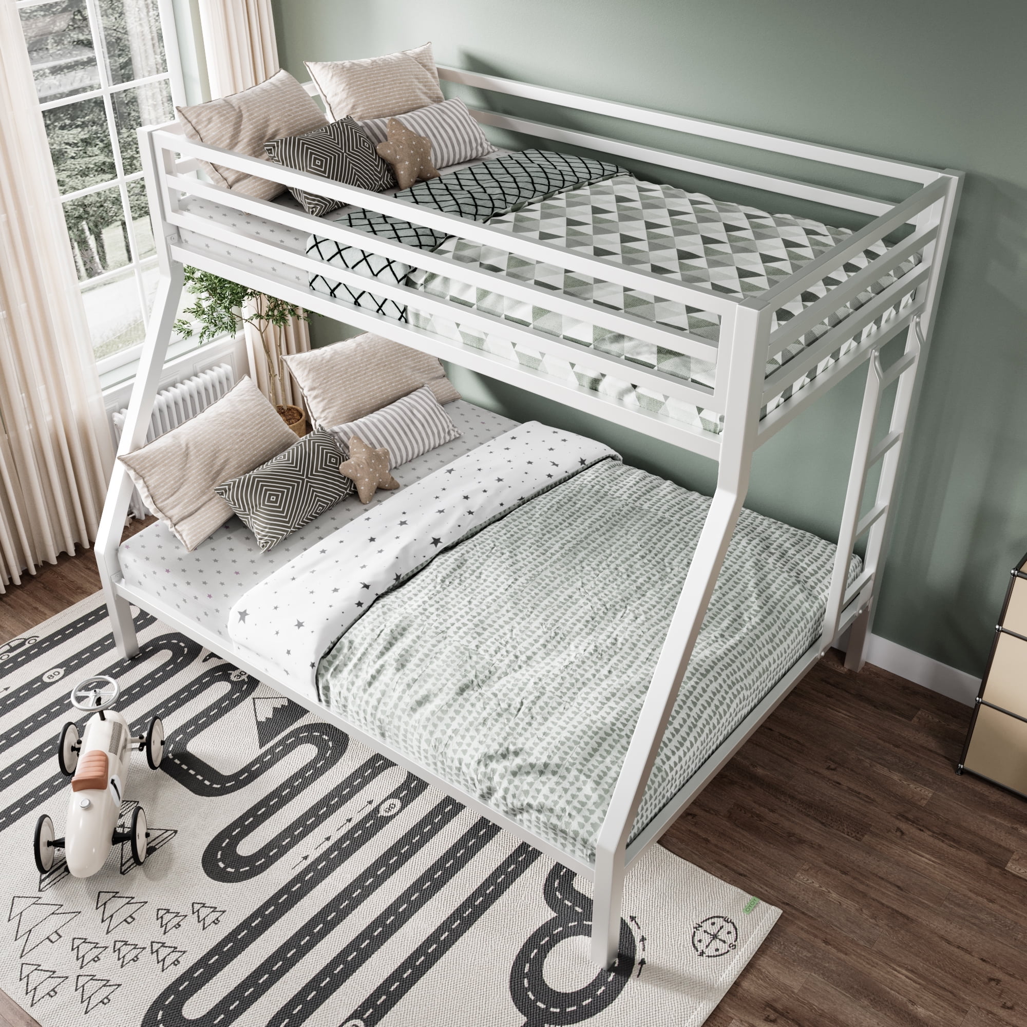Sha Cerlin White Metal Bunk Bed Twin Over Full Size with Removable Stairs & Underbed Storage
