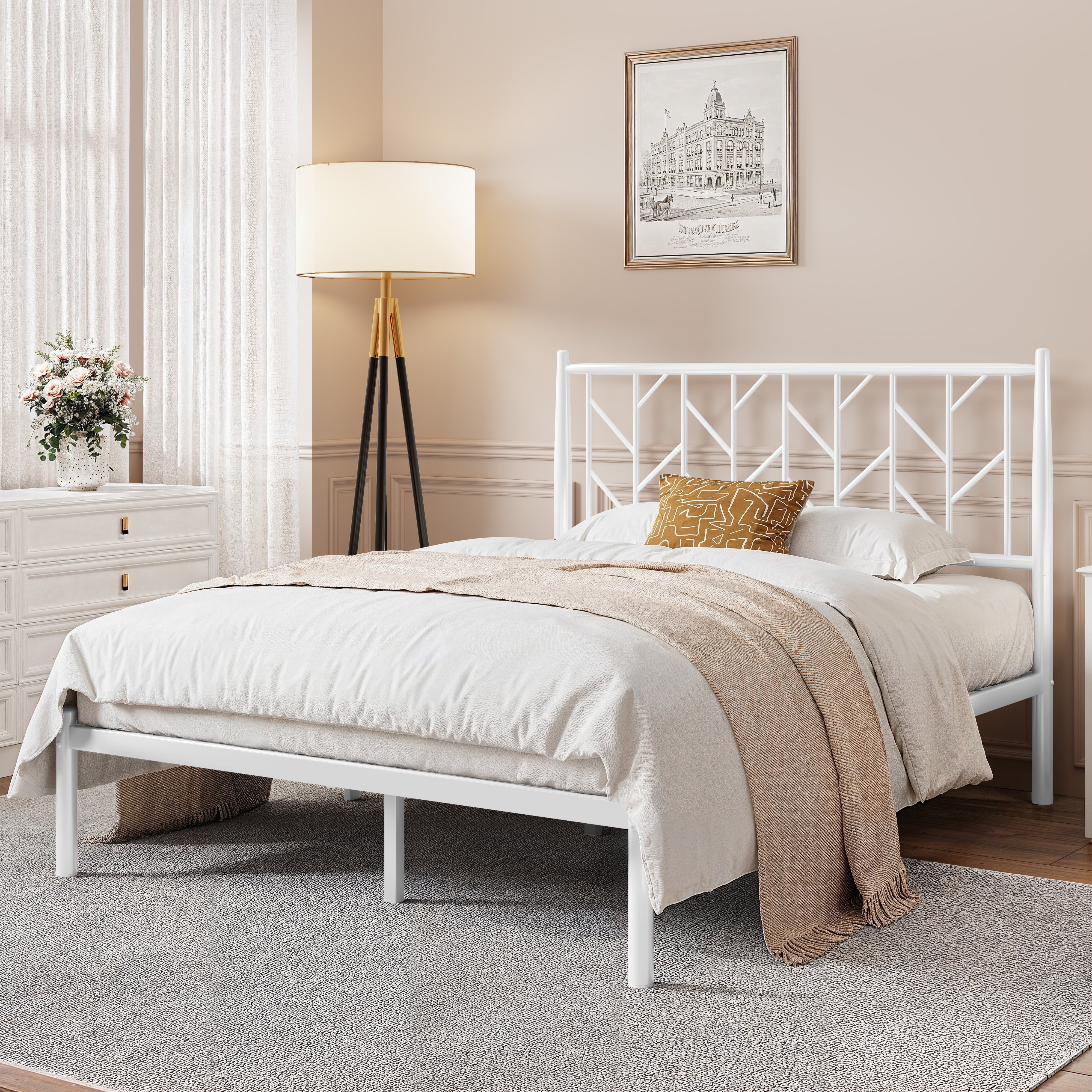 Sha Cerlin White Queen Size Metal Platform Bed Frame with Victorian Vintage Headboard & Underbed Storage, Adult