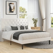 Merrland White Queen Size Platform Bed Frame with Adjustable Leather Tufted Headboard, Adult