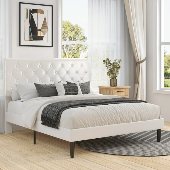 Sha Cerlin White Queen Size Platform Bed Frame with Adjustable Leather Tufted Headboard, Adult
