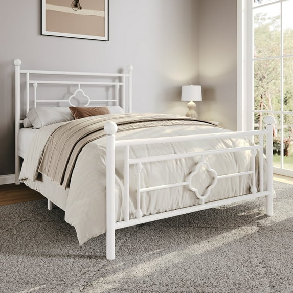 Sha Cerlin White Twin Size Metal Platform Bed Frame with Victorian Vintage Headboard