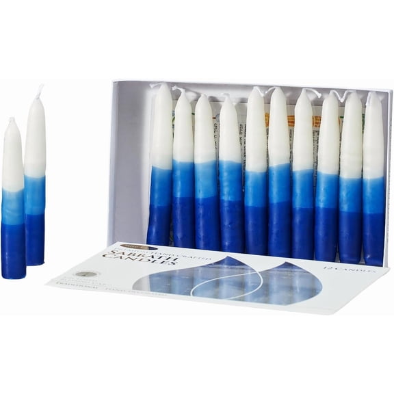 Shabbat Candles by - 12 Pieces Packaged in a Beautiful Box with an Artistic Card (White & Blue)