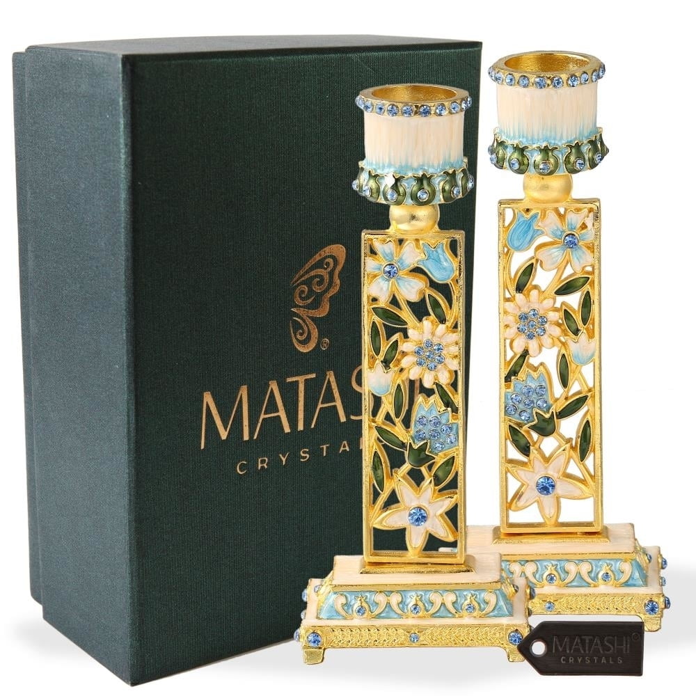 Hand-Painted Gold and Blue Pewter Shabbat Candlestick Set
