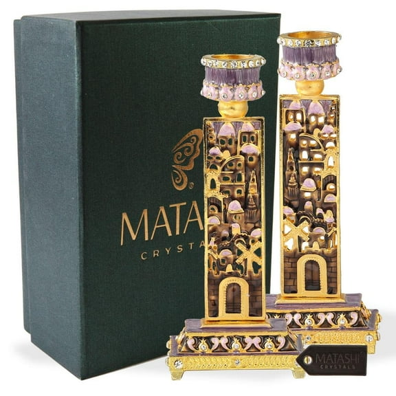 Matashi Gold-Plated Pewter Shabbat Candlestick Set  Hand-Painted Tall 2-Piece Judaica Candle Holders with City Wall Design