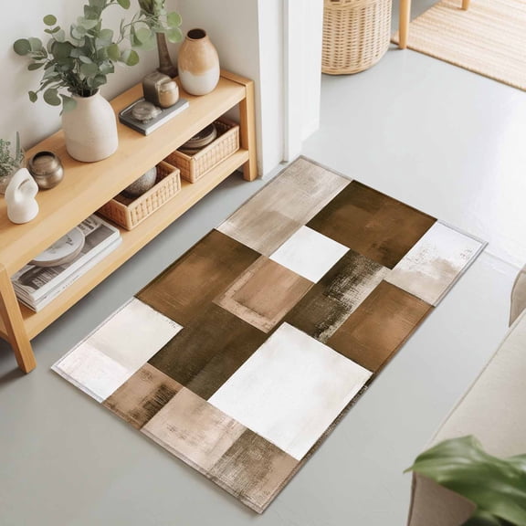 Shabby Abstract Brown Color Block Rectangle Rug 2'x3' Modern Rustic Geometric Washable Area Rugs for Living Room Bedroom Entryway Non Slip Entrance Door Mat Indoor Floor Carpet