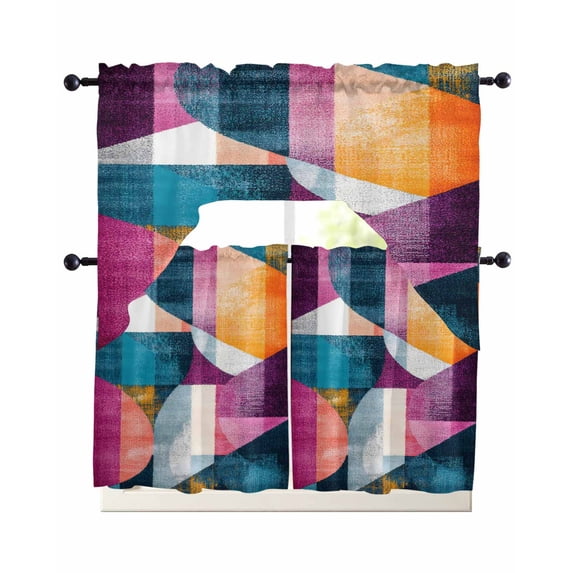 Shabby Abstract Swag Kitchen Curtains Sets for Windows 24 Inch Length, Geometric Artwork Painting Short Window Curtain Panels Swags Valances and Tiers 3 Piece Set for Cafe/Dining Room