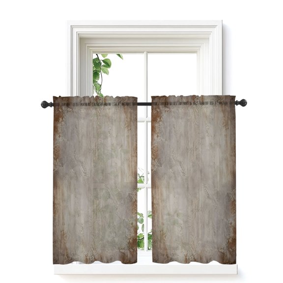Shabby Brown Grey Sheer Window Curtains 45 Inch Length, Rod Pocket Curtains for Bedroom Living Room Window Antique Industrial Vintage Rustic Voile Kitchen Tier Curtains & Drapes 42"x45" 2 Panels