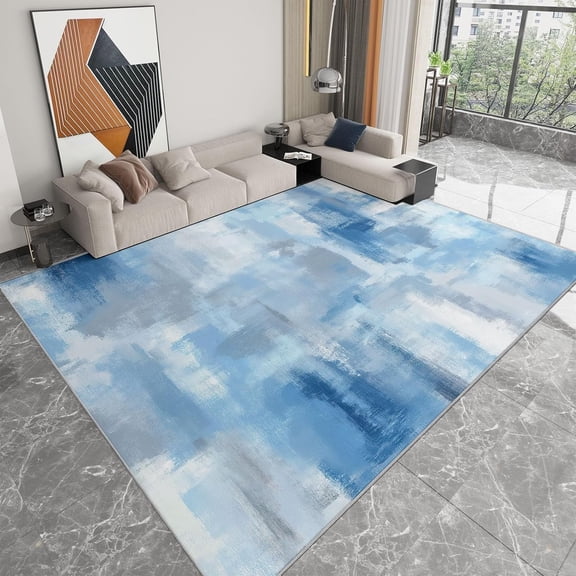 Shabby Chic Area Rugs, Blue Grey Geometric Texture Carpet, Washable Non Slip Low Pile Soft Rug for Living Room Bedroom Office Decor Mat 4x6ft