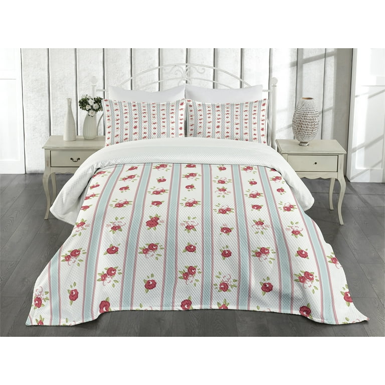 Shabby Chic Bedspread Set King Size Vertical Borders Cute Rose Blooms Cottage Country Cabin Design Quilted 3 Piece Decor Coverlet Set with 2 Pillow