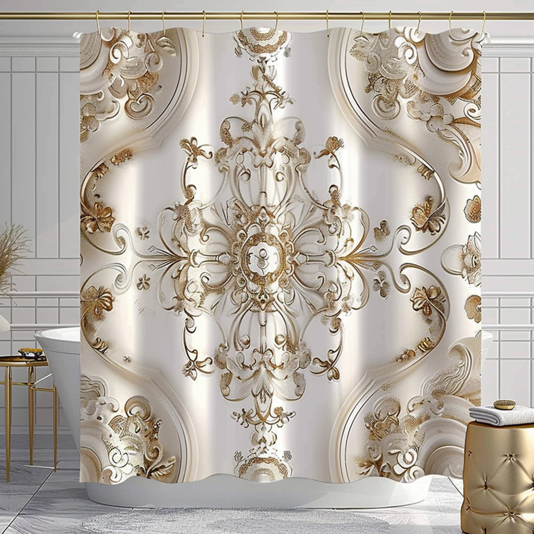 Shabby Chic Beige & White Vintage Baroque Shower Curtain with Golden Accents Hyper Realistic