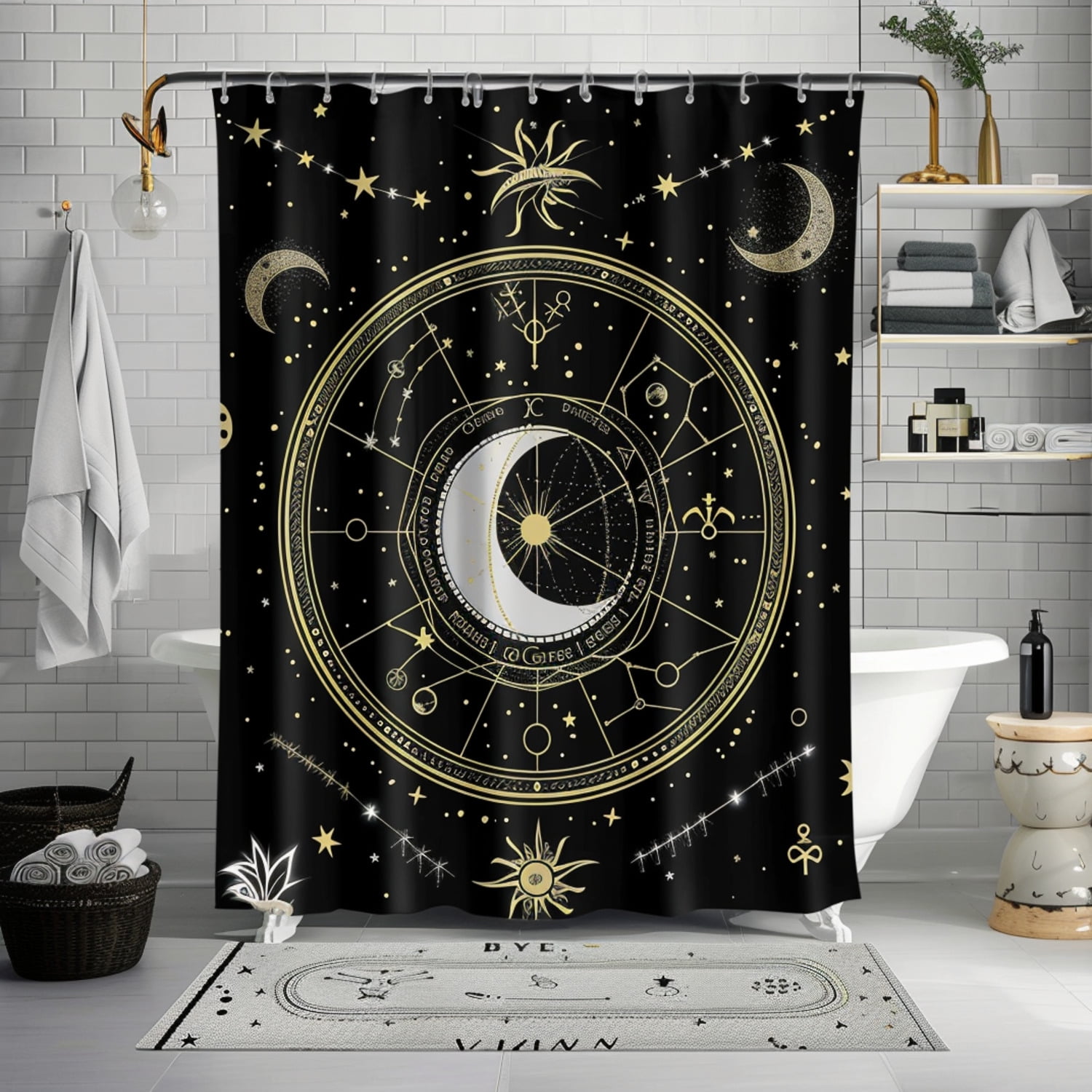 Shabby Chic Black and White Celestial Zodiac Shower Curtain with Moon