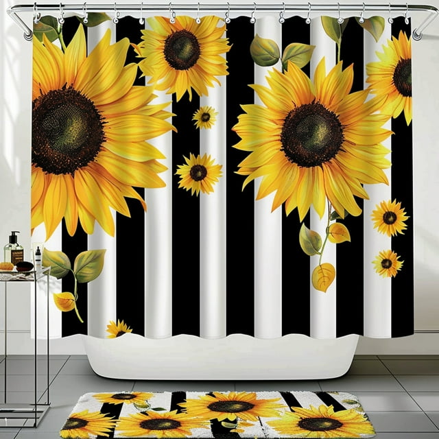 Shabby Chic Black and White Stripes Sunflower Shower Curtain Modern