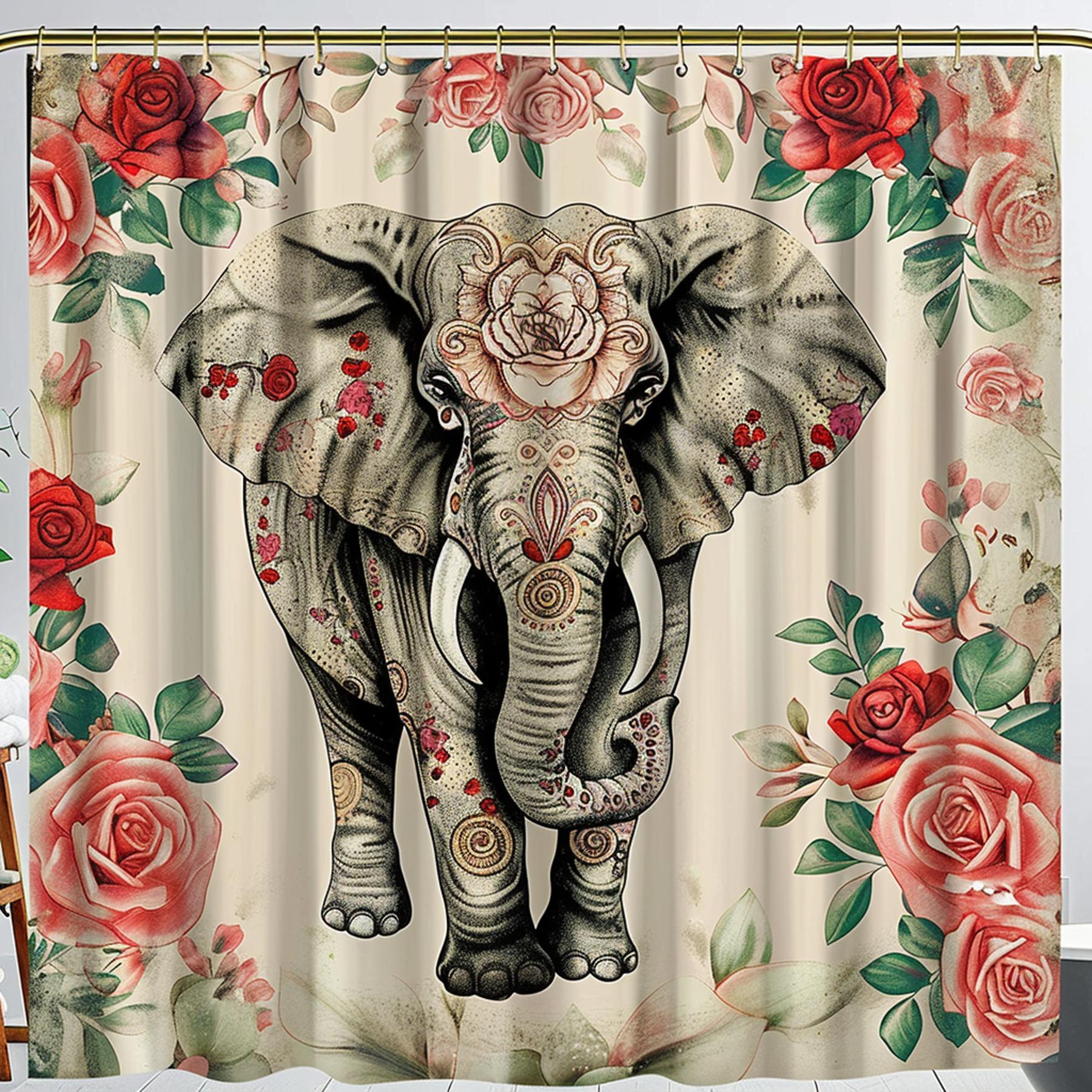 Shabby Chic Boho Elephant Shower Curtain with Roses & Leaves Vintage