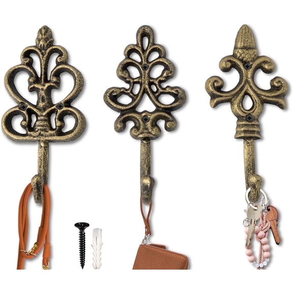 Comfify Cast Iron Decorative Wall-Mounted Hooks, Gold and Black Finish, 3-Pack