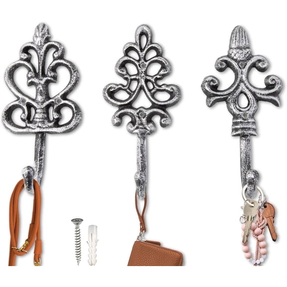 Comfify Shabby Chic Decorative Wall Hooks Set of 3, Cast Iron Farmhouse Coat and Purse Hangers, Silver with Black