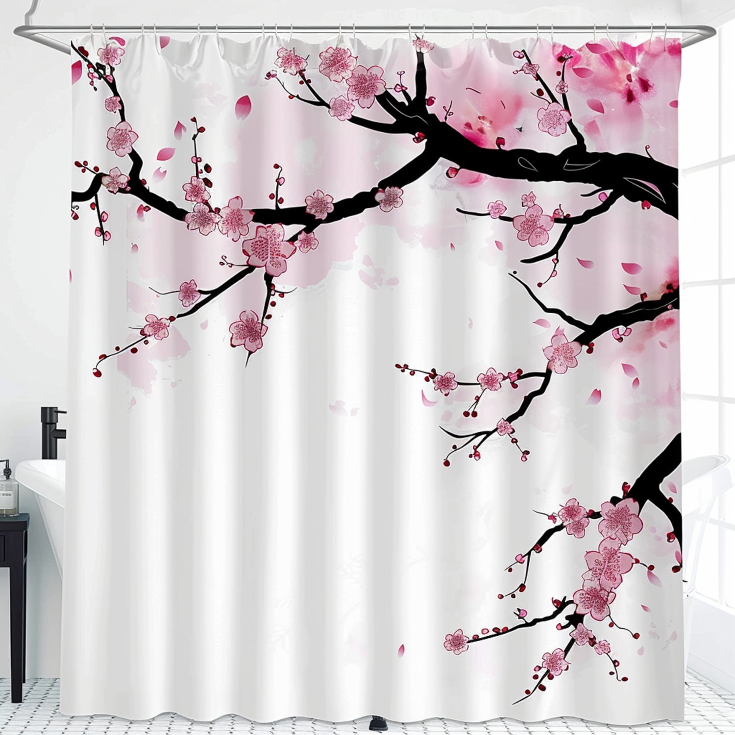 Shabby Chic Cherry Blossom Shower Curtain Pink and Black Sakura Tree ...