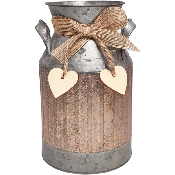 Shabby Chic Classy Designed Brown Milk Can Heart-Shaped Galvanized Finish Metal Vase Country Rustic Primitive Decorative Flower Holder, 8.8" H