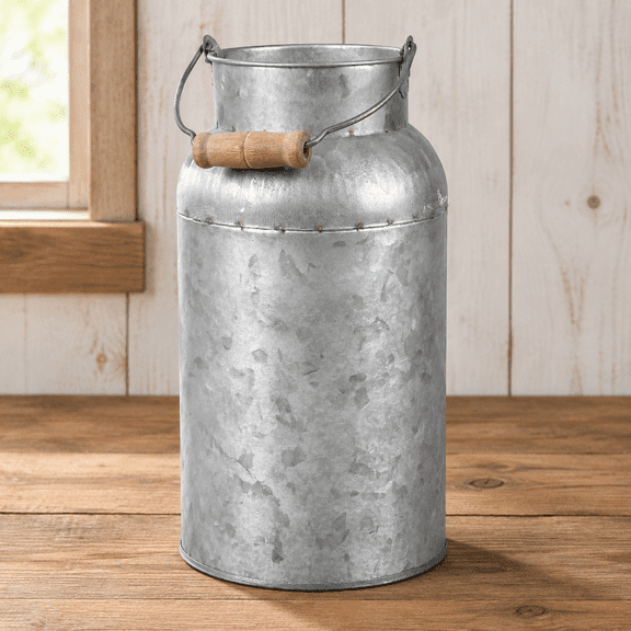 Shabby Chic Classy Designed Bucket Silver Milk Can Farmhouse Galvanized Finish Metal Vase Country Rustic Primitive Decorative Flower Holder, 8.54" H