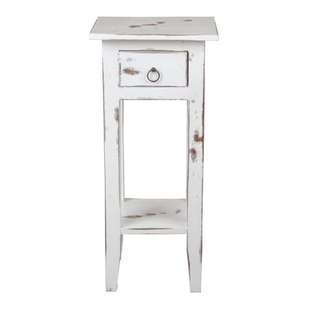 Shabby Chic Cottage 11.8 in. Heavy Distressed Whitewash Square Solid Wood End Table with 1 Drawer