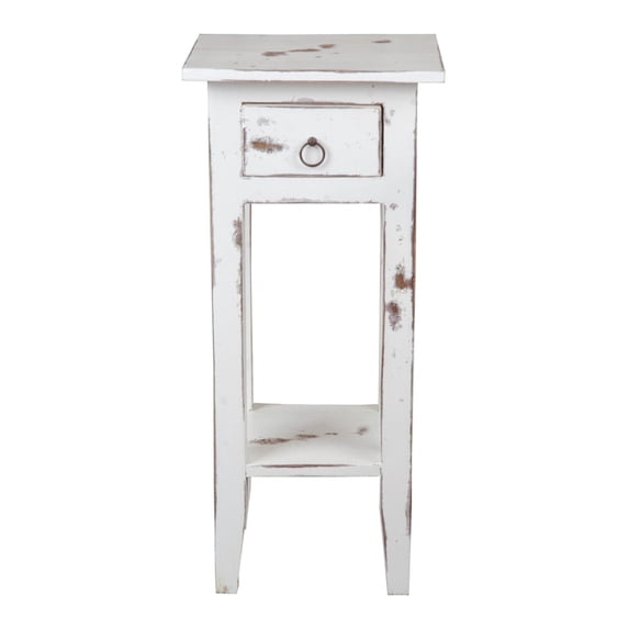 Shabby Chic Cottage 11.8 in. Heavy Distressed Whitewash Square Solid Wood End Table with 1 Drawer