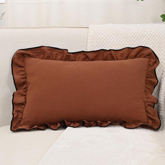 Shabby Chic Cotton Ruffled Throw Pillow Covers Boho Neutral Cushion Case Soft Accent Rectangle Pillowcase for Spring Sofa Couch Bed Living Room Home Decor (Brown,12"x20")