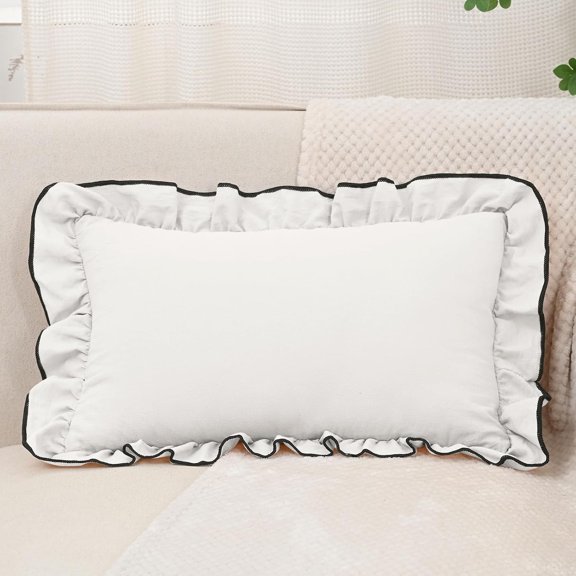Shabby Chic Cotton Ruffled Throw Pillow Covers Boho Neutral Cushion Case Soft Accent Rectangle Pillowcase for Spring Sofa Couch Bed Living Room Home Decor (White,12"x20")