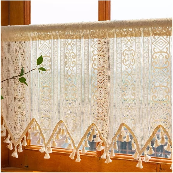 Shabby Chic Crochet Hollow Lace Short Curtain, Rod Pocket Boho Tassel Rustic Geometry Small Window Curtains for Room Divider Coffee Decor, 1 Panel (Color : Beige, Size : W180xH68CM(W71xH27inch))
