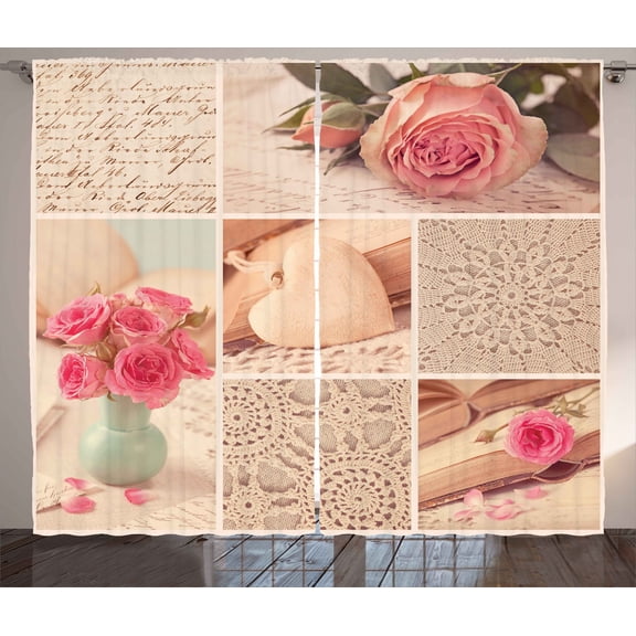 Ambesonne Kitchen Curtains 2 Panel Set, Old Roses Lace Flowers, 108" x 84", Forest Green Pale Pink
