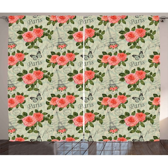 Ambesonne Romantic Curtains 2 Panel Set, Paris Themed Flowers, 108