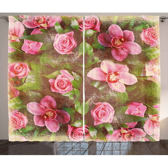 Ambesonne Shabby Flora Curtains 2 Panel Set, Retro Flora Romance, 108" x 96", Green Pink Pale Pink