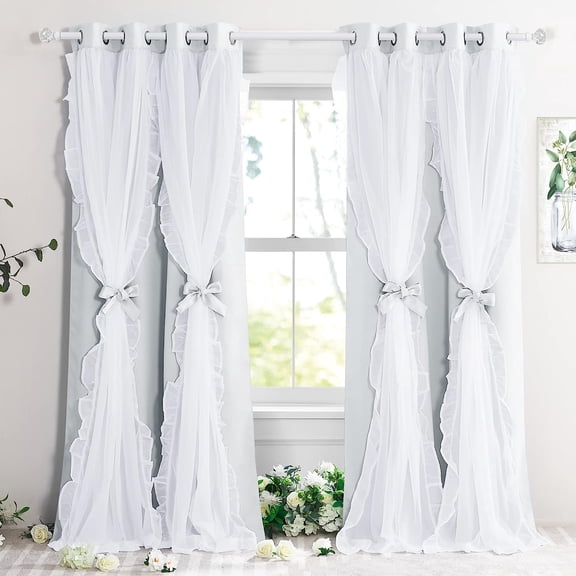 Shabby Chic Curtains for Bedroom Double Layer White Ruffle Sheer Overlay with Tiebacks French Country Drapes for Bedroom Decor, 52" W x 84" L, Greyish White, 2 Pieces