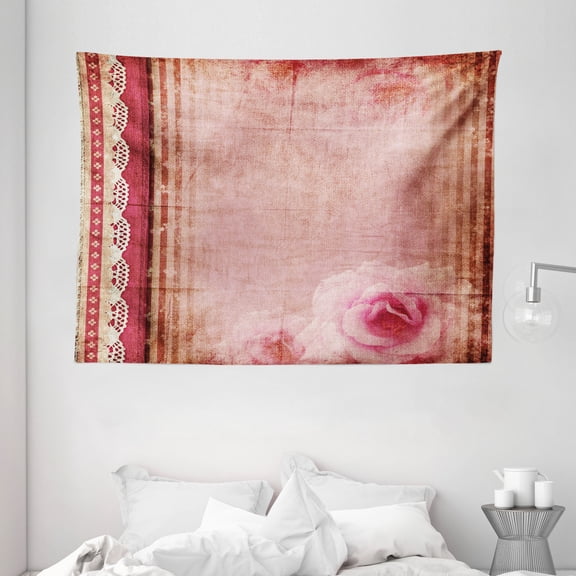 Shabby Chic Decor Tapestry, Vintage Style Frame with Lace Borders Old Fashioned Pink Roses Print, Wall Hanging for Bedroom Living Room Dorm Decor, 80W X 60L Inches, Multicolor, by Ambesonne