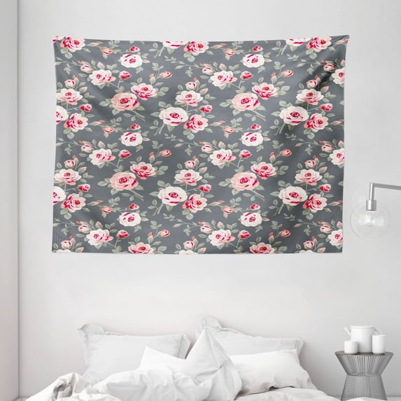 Shabby Chic Decor Tapestry, Vintage Vibrant Roses Leaves Bush Buds Stems Rural Area Classical Pattern, Wall Hanging for Bedroom Living Room Dorm Decor, 80W X 60L Inches, Multicolor, by Ambesonne
