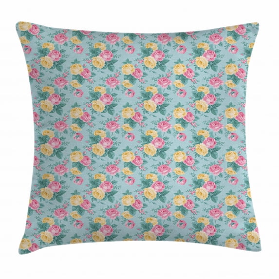 Shabby Chic Decor Throw Pillow Cushion Cover, Colorful Roses Vegetation in Summer with Leaves Bridal, Decorative Square Accent Pillow Case, 16 X 16 Inches, Light Pink Yellow Turquoise, by Ambesonne