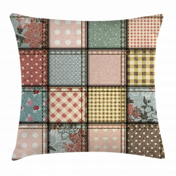Shabby Chic Decor Throw Pillow Cushion Cover, Patchwork Denim Seem Fabric Pieces Stitches Square Tile Digital Print, Decorative Square Accent Pillow Case, 20 X 20 Inches, Multicolor, by Ambesonne