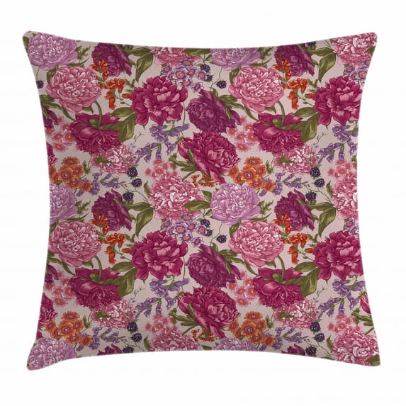 Shabby Chic Decor Throw Pillow Cushion Cover, Peonies Blackberry and Wild Flowers in Vintage Style Colorful Nature Yard, Decorative Square Accent Pillow Case, 16 X 16 Inches, Multicolor, by Ambesonne