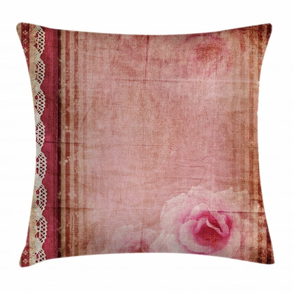 Shabby Chic Decor Throw Pillow Cushion Cover, Vintage Style Frame with Lace Borders Old Fashioned Pink Roses Print, Decorative Square Accent Pillow Case, 24 X 24 Inches, Multicolor, by Ambesonne