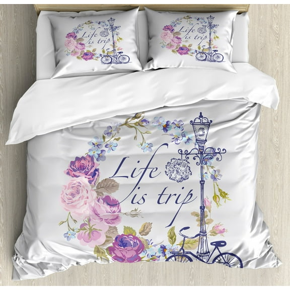 Shabby Chic Duvet Cover Set King Size, Life is a Trip Inspirational Quote Romantic Floral Wreath and Retro Bicycle, Decorative 3 Piece Bedding Set with 2 Pillow Shams, Multicolor, by Ambesonne