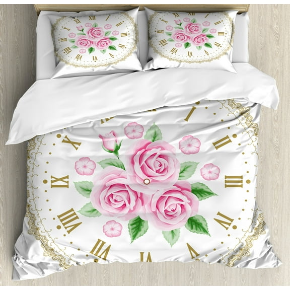 Shabby Chic Duvet Cover Set King Size, Vintage Clock Face Roses Roman Numbers Antique Vintage Style, Decorative 3 Piece Bedding Set with 2 Pillow Shams, Pale Pink Green Dark Khaki, by Ambesonne
